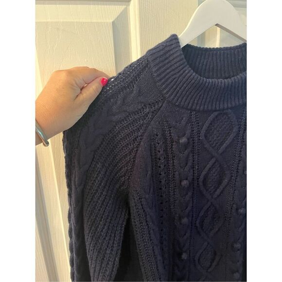J. Crew Ezra Navy Pom Pom Cable Knit Sweater sz XL EUC - Picture 4 of 9